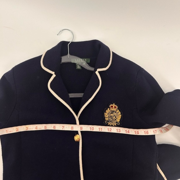 VTG LAUREN RALPH LAUREN Womens Merino Wool Cardi Jacket size M Navy Gold Crest. - Picture 13 of 16